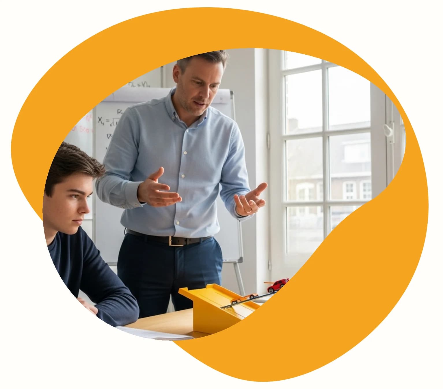 Professeure qui accompagne son élève durant un cours à domicile de chimie à Loire-Authion