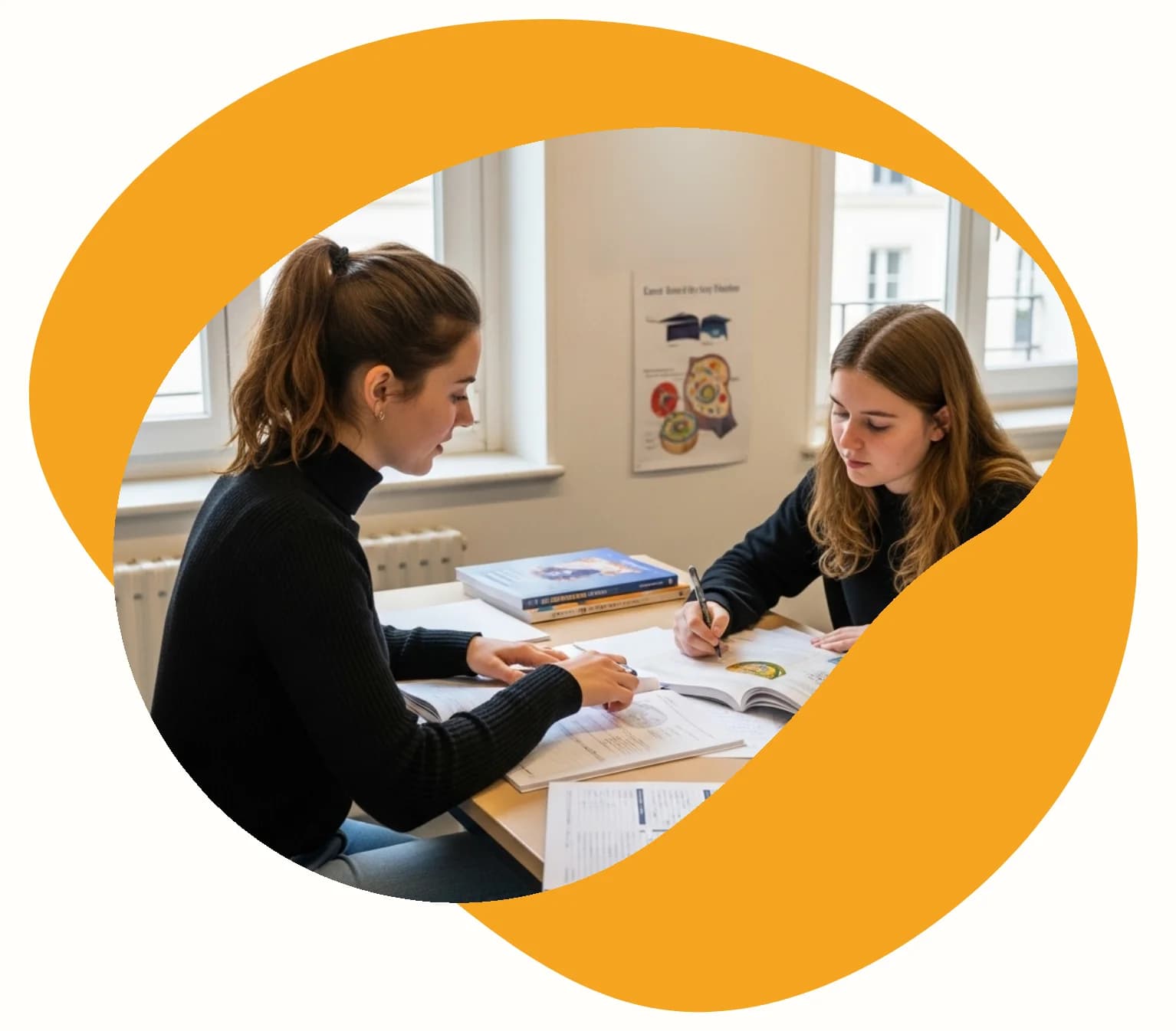 Professeure qui accompagne son élève durant un cours à domicile de coréen au Grand-Quevilly