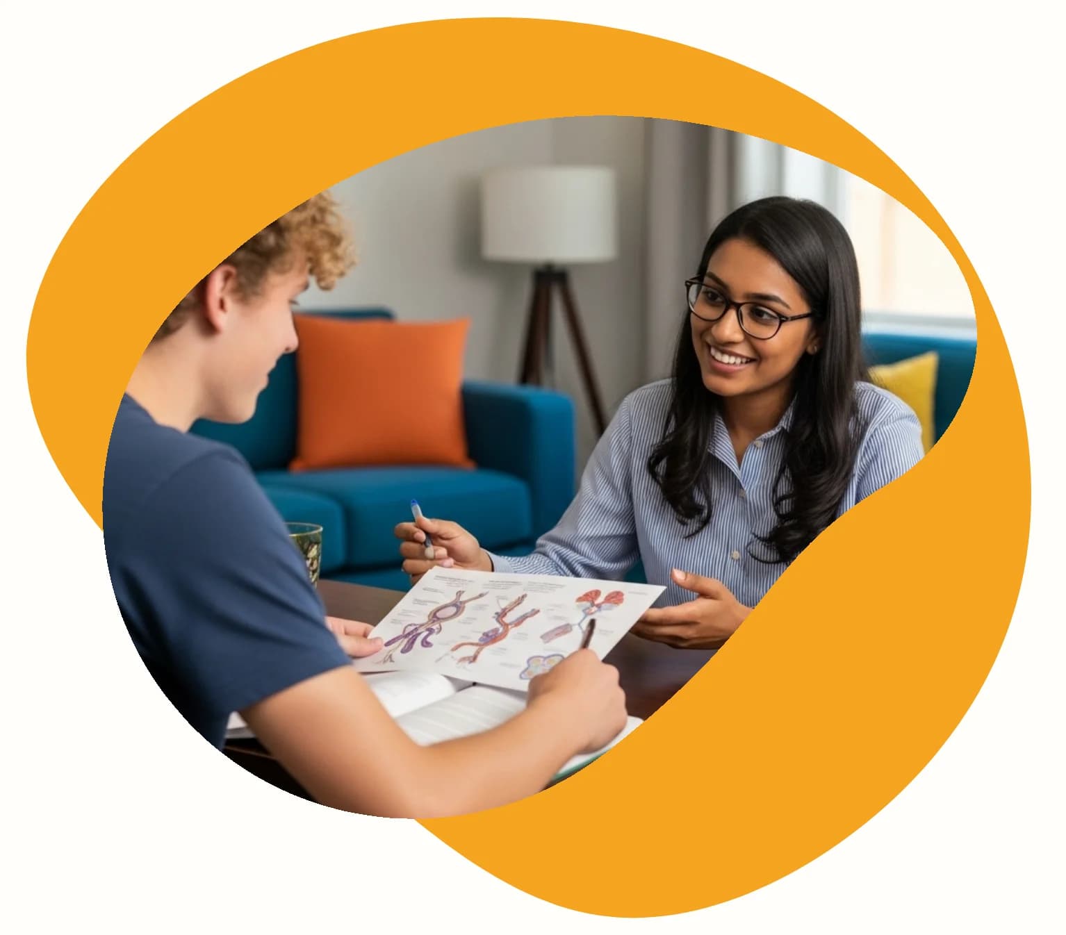 Professeure qui accompagne son élève durant un cours à domicile de biologie-ecologie à Guyancourt