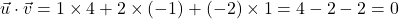 \vec{u}\cdot\vec{v}=1\times4+2\times(-1)+(-2)\times1=4-2-2=0