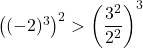 \left((-2)^3\right)^2 > \left(\dfrac{3^2}{2^2}\right)^3