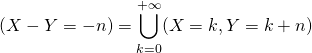 \displaystyle (X - Y = - n) = \bigcup_{k = 0} ^{+\infty} (X = k , Y = k + n)
