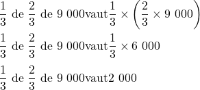 \dfrac{1}{3} \hbox{ de } \dfrac{2}{3} \hbox{ de } 9\ 000 & \hbox{vaut} \dfrac{1}{3} \times \left(\dfrac{2}{3} \times 9\ 000\right) \\  \dfrac{1}{3} \hbox{ de } \dfrac{2}{3} \hbox{ de } 9\ 000 & \hbox{vaut} \dfrac{1}{3} \times 6\ 000 \\  \dfrac{1}{3} \hbox{ de } \dfrac{2}{3} \hbox{ de } 9\ 000 & \hbox{vaut} 2\ 000