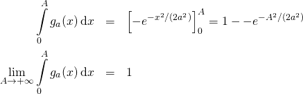 \begin{eqnarray*}\int\limits_0^Ag_a(x)\,\mathrm{d}x&=&\left[-e^{-x^2/(2a^2)}\right]_0^A=1--e^{-A^2/(2a^2)}\\\lim\limits_{A\to +\infty}\int\limits_0^Ag_a(x)\,\mathrm{d}x&=&1\end{eqnarray*}