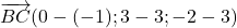 \overrightarrow{BC}(0-(-1); 3-3; -2-3)