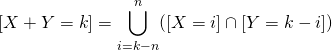 [X+Y=k]=\displaystyle \bigcup_{i=k-n}^{n}([X=i]\cap [Y=k-i])