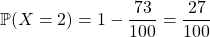 \mathbb{P}(X = 2) = 1 - \dfrac {73} {100} = \dfrac {27} {100}