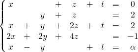 \displaystyle \left \{ \begin{matrix} x& & &+& z & +& t &=&0\\& & y & + & z & & &=&2\\ x &+&y&+&2z&+&t&=&2\\2x&+&2y&+&4z& & &=&-1\\x&-&y & & &+& t& = &\alpha\end{matrix} \right.