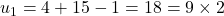 u_1 = 4 + 15 - 1 = 18 = 9 \times 2