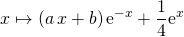 \displaystyle x \mapsto (a \, x + b) \, \textrm {e} ^{- x} + \frac 1 4 \textrm{e} ^{x}