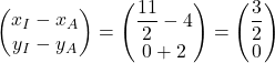 \begin{pmatrix} x_I-x_A \\ y_I-y_A \end{pmatrix}=\begin{pmatrix} \dfrac{11}{2}-4 \\ 0+2 \end{pmatrix}=\begin{pmatrix} \dfrac{3}{2} \\ 0 \end{pmatrix}