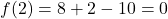f(2)=8+2-10=0