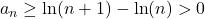 a_n\geq\ln(n+1)-\ln(n)>0
