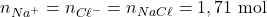 n_{Na^+}=n_{C\ell^-}=n_{NaC\ell}=1,71~\mathrm{mol}