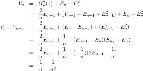 \begin{eqnarray*}V_n&=&G_n''(1)+E_n-E_n^2\\&=&\frac 2n E_{n-1}+(V_{n-1}-E_{n-1}+E_{n-1}^2)+E_n-E_n^2\\V_n-V_{n-1}&=&\frac 2n E_{n-1}+(E_n-E_{n-1})+(E_{n-1}^2-E_n^2)\\&=&\frac 2n E_{n-1}+\frac 1n +(E_{n-1}-E_n)(E_{n_1}+E_n)\\&=&\frac 2n E_{n-1}+\frac 1n +(-\frac 1n)(2E_{n-1}+\frac 1n)\\&=&\frac 1n -\frac 1{n^2}\end{eqnarray*}