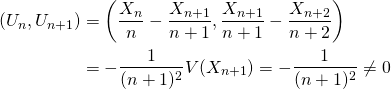 \begin{align*}\Cov(U_n,U_{n+1})&=\Cov\left(\dfrac{X_n}n- \dfrac{X_{n+1}}{n+1}, \dfrac{X_{n+1}}{n+1}-\dfrac{X_{n+2}}{n+2}\right)\\ &=-\dfrac1{(n+1)^2}V(X_{n+1})=-\dfrac1{(n+1)^2}\neq0 \end{align*}