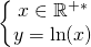 \quad \quad \left \{ \begin{matrix} x \in \mathbb{R}^{+*} \\ y = \ln(x) \end{matrix} \right.