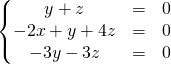 \left \{ \begin{matrix} y+z&=&0\\ -2 x + y + 4 z &=&0\\ -3y-3z&=&0 \end{matrix} \right.
