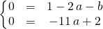 \quad \quad \left \{ \begin{matrix} 0 &=&1 - 2 \, a - b \\ 0 &=& - 11 \, a + 2 \end{matrix} \right.