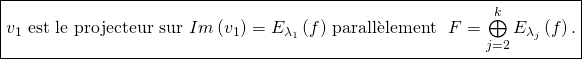 \[\fbox{\text{$v_{1}$ est le projecteur sur $\func{Im}\left( v_{1}\right)=E_{\lambda _{1}}\left( f\right) $ parall\`element à $F=\bigoplus\limits_{j=2}^{k}E_{\lambda _{j}}\left( f\right) .$}}\]