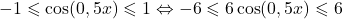 -1 \leqslant \cos (0,5x) \leqslant 1 \Leftrightarrow -6 \leqslant 6\cos(0,5x) \leqslant 6