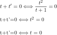 t+t'=0 \Longleftrightarrow & \dfrac{t^2}{t+1}=0\\  t+t'=0 \Longleftrightarrow & t^2=0 \\  t+t'=0 \Longleftrightarrow & t=0