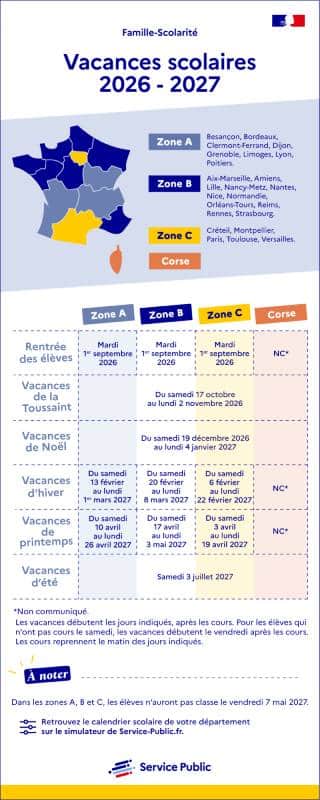 Dates des vacances scolaires 2026-2027