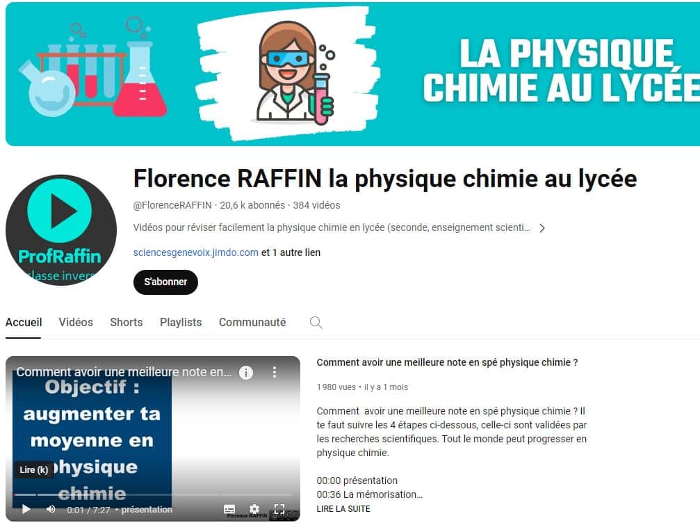 chaine youtube sur la physique chimie au lycée de Florence Raffin