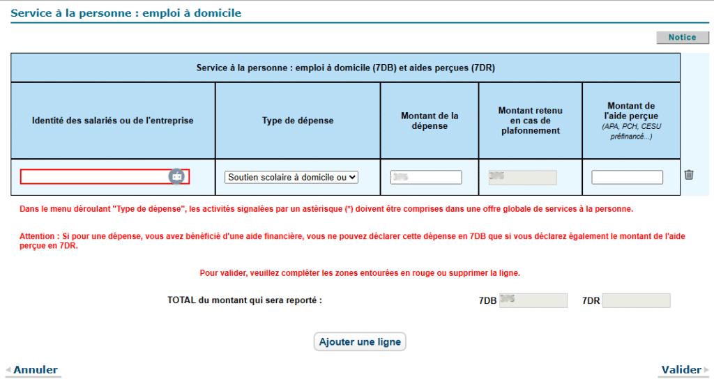 Détail des organismes et employés dans la déclaration d'impôts des cours particuliers