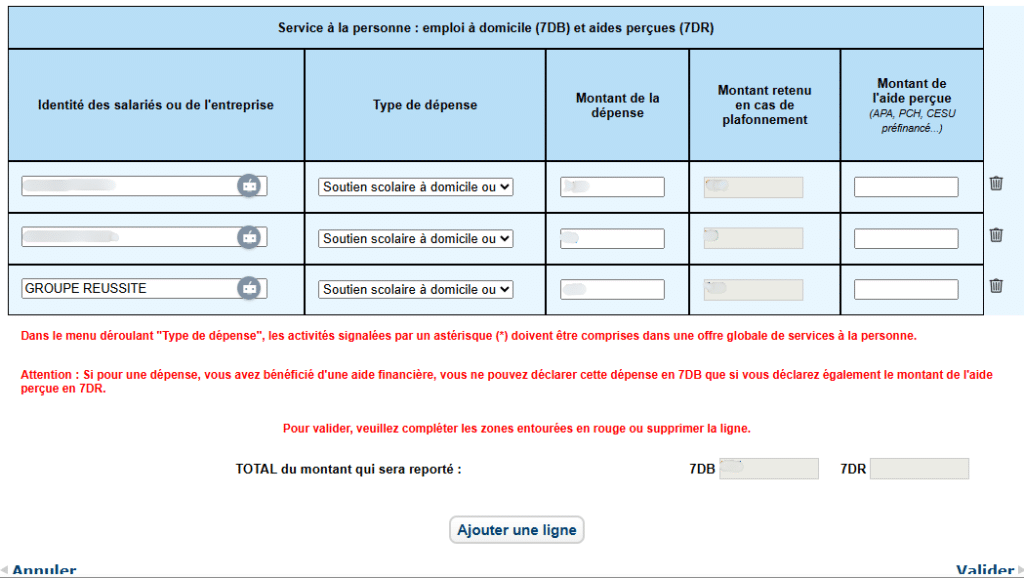 Détail des organismes et employés dans la déclaration d'impôts des services à la personne