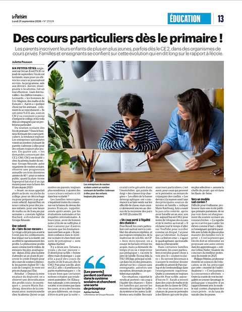 Page éducation du Parisien du 21 septembre 2026 consacrée aux cours particuliers dès le primaire, avec l'interview d'Aghilas Hached