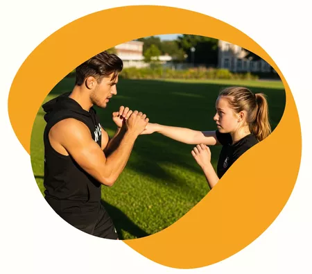 Professeure qui accompagne son élève durant un cours à domicile de MMA