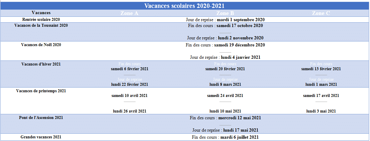 Calendrier Concours Cpge 2021 Dates des vacances scolaires 2020 2021 par zone
